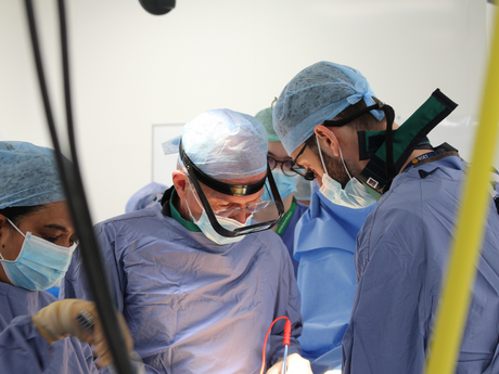 Staff operating in the Hybrid Theatre at Royal Derby Hospital