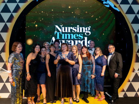 The team, with colleagues from NUH and DHU, celebrating their Nursing Times Award win